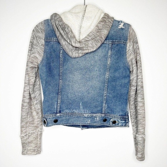 Free People Distressed Jean Jacket Hooded Fabric Sleeves Women's Size S - Picture 3 of 7